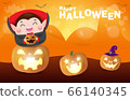 Happy halloween poster, Cute Little Dracula Vampire holding pumpkin in the moonlight bokeh banner, halloween trick or Treating background, Template for advertising brochure Vector Illustration. 66140345