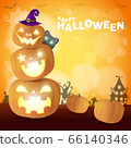 Happy halloween poster, Cute Little Dracula Vampire and witch holding pumpkin kids in Halloween cosplay trick or Treating background, Template for advertising brochure Vector Illustration. 66140346