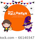 Happy halloween poster, Cute Little Dracula Vampire and witch holding pumpkin kids in Halloween cosplay trick or Treating background, Template for advertising brochure Vector Illustration. 66140347