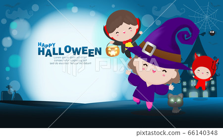 Happy Halloween Party Kids Costume. Group of children in Halloween cosplay. Template for advertising brochure. Happy Halloween party poster and template design bokeh background Vector Illustration 66140348