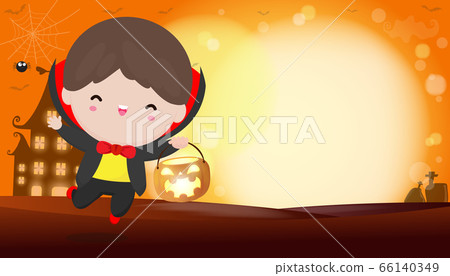 Happy halloween poster, Cute Little Dracula Vampire holding pumpkin in the moonlight bokeh banner, halloween trick or Treating background, Template for advertising brochure Vector Illustration. 66140349