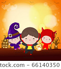 Happy Halloween Party Kids Costume. Group of children in Halloween cosplay. Template for advertising brochure. Happy Halloween party poster and template design bokeh background Vector Illustration 66140350