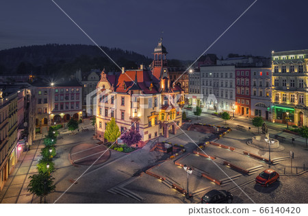 Aerial view of Town Hall at dusk in Nowa Ruda, Poland 66140420