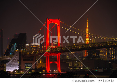 Tokyo Cityscape in Japan Tokyo Rainbow Bridge illuminated in red when "Tokyo Alert" is activated 66140618