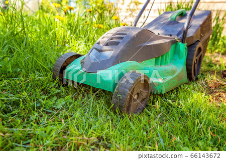 Lawn mower cutting green grass in backyard Lawn mower cutting green grass in backyard 66143672