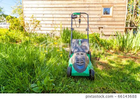 Lawn mower cutting green grass in backyard 66143688
