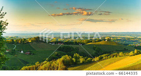Sunset over South Styria vineyard landscape in 66144335