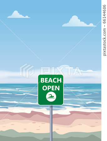 Summer beach banner Open. Seascape ocean shore tropical flora palms. Opening season vacation. Vector illustration isolated 66144686