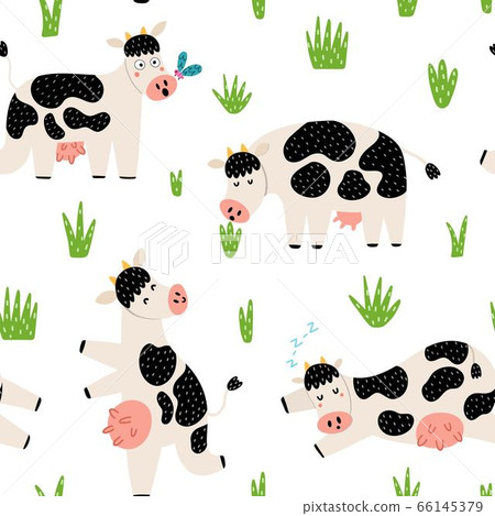 Funny countryside seamless pattern with cute cows 66145379