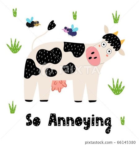 Cow and flies funny print. Card in childish style Cow and flies funny print. Card in childish style 66145380