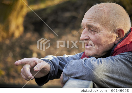 An eighty-year-old man walks in a public park, 66146668