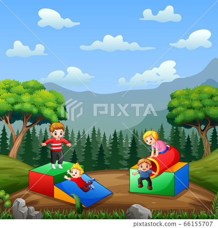 Happy kids playing in the playground - Stock Illustration [66155707 ...