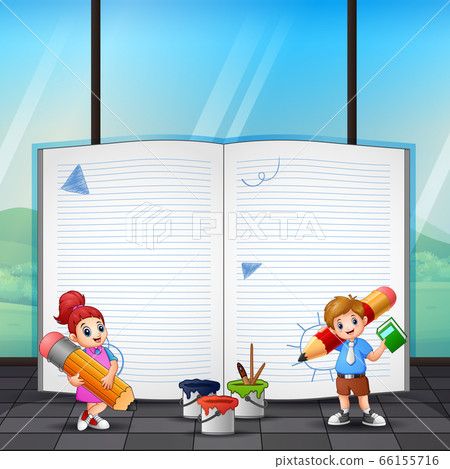 Border Template Design With Girl And Boy Drawing Stock Illustration