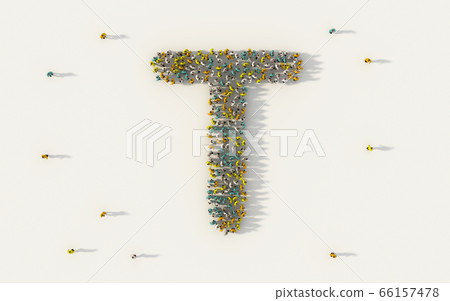 Large group of people forming letter T, capital 66157478