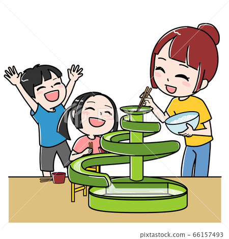 Mother and child enjoying a Nagashi Somen machine (large) Mother and child enjoying a Nagashi Somen machine (large) 66157493