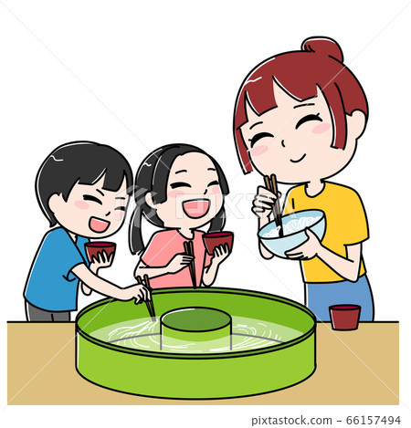 Mother and child enjoying a home-use sinking noodle machine 66157494