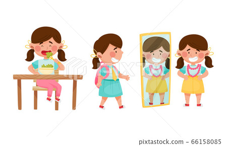 Cute Girl Character Going to School with Backpack, Standing Near Mirror with Necklace and Eating Broccoli Vector Illustrations Set 66158085