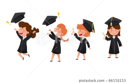 Girls Characters Wearing Academic Dresses or Gown and Square Academic Cap Cheering About Graduation Ceremony Vector Illustrations Set Girls Characters Wearing Academic Dresses or Gown and Square Academic Cap Cheering About Graduation Ceremony Vector Illustrations Set 66158153