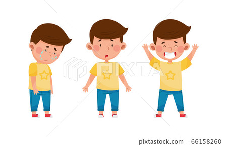 Little Boy Crying and Standing with Puzzled Expression on His Face Vector Set Little Boy Crying and Standing with Puzzled Expression on His Face Vector Set 66158260