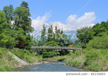 初夏的白馬大德吊橋和北阿爾卑斯山 初夏的白馬大德吊橋和北阿爾卑斯山 66158803
