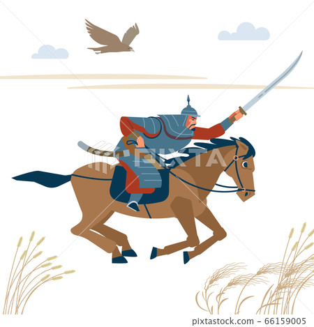 Central Asian warrior horseman, attack in battle. Isolated vector illustration in flat cartoon style 66159005