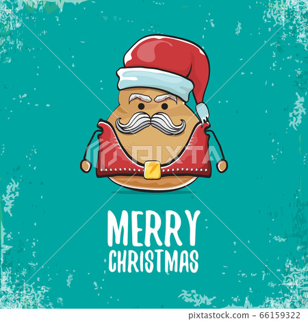 vector rock star santa potato funny cartoon cute character with with red santa hat and calligraphic merry christmas text isolated on azure background. rock n roll christmas party poster 66159322