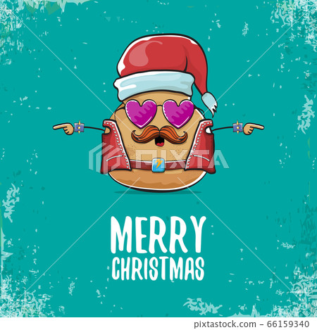 vector rock star santa potato funny cartoon cute character with with red santa hat and calligraphic merry christmas text isolated on azure background. rock n roll christmas party poster 66159340