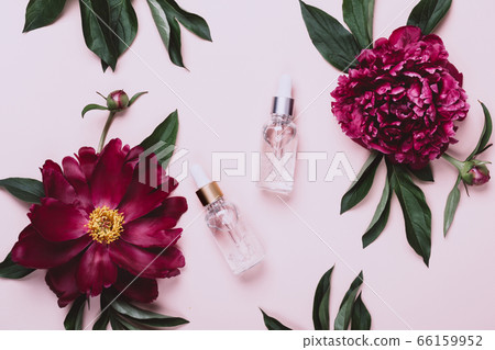 Cosmetic liquid gel products and purple peonies 66159952