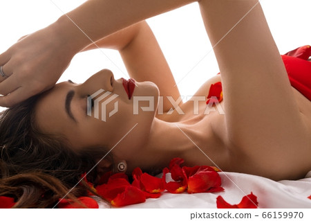 Sexy Brunette lying in bed with rose petals Sexy Brunette lying in bed with rose petals 66159970