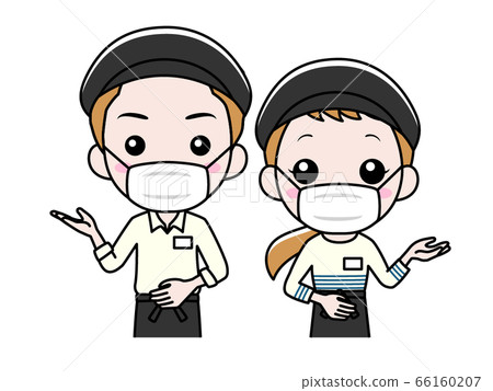 Cafe clerk wearing a mask and guiding 66160207