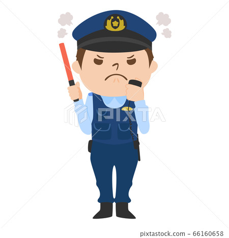 Illustration of an angry male police officer holding a radio and a red guide rod. 66160658