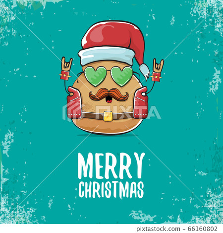 vector rock star santa potato funny cartoon cute character with with red santa hat and calligraphic merry christmas text isolated on azure background. rock n roll christmas party poster vector rock star santa potato funny cartoon cute character with with red santa hat and calligraphic merry christmas text isolated on azure background. rock n roll christmas party poster 66160802