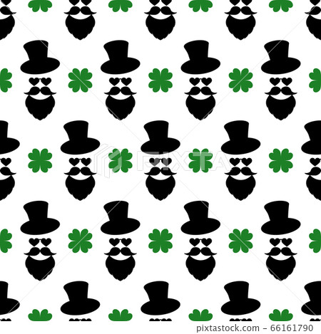 Seamless pattern with a stylish print. Man head. Hat, beard, mustache, clover leaves for luck. Black and green isolated elements on white background. For modern design, greeting, card, print, textiles Seamless pattern with a stylish print. Man head. Hat, beard, mustache, clover leaves for luck. Black and green isolated elements on white background. For modern design, greeting, card, print, textiles 66161790