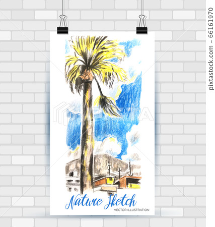 Sketching illustration in vector format. Poster with beautiful palm on the beach . Hand drawn illustration. 66161970