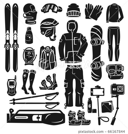 Snowboarding equipment icon set, simple style Snowboarding equipment icon set, simple style 66167844