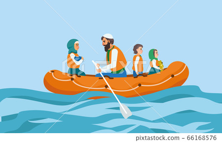 Boat immigrant family concept banner, flat style 66168576