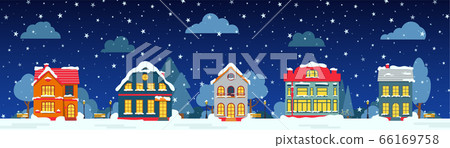 Winter night street house snow trees banner vector Winter night street house snow trees banner vector 66169758