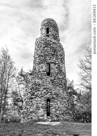 Spiral lookout tower of Krasno. Unusual stone landmark near Krasno Village, Czech Republic 66169913