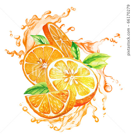 Orange fruit and leaves in the splash of orange juice 66170279