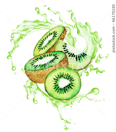 Qiwis and half of qiwi fruits in the splash of green juice 66170280