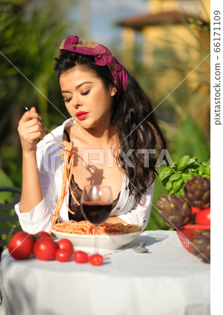 Healthy organic food, italy. Chef woman with red Healthy organic food, italy. Chef woman with red 66171109