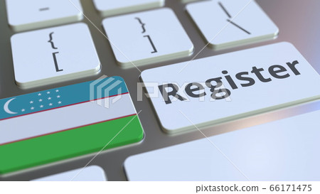 Register text and flag of Uzbekistan on the keyboard. Online services related 3D rendering 66171475
