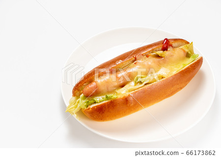 Cheese hot dog. (White plate/white background) 66173862