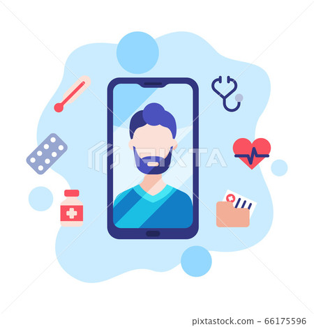 Modern Telemedicine, Male Doctor Giving Online Medical Consultation on Smartphone Screen, Remote Medical Assistance Flat Style Vector Illustration Modern Telemedicine, Male Doctor Giving Online Medical Consultation on Smartphone Screen, Remote Medical Assistance Flat Style Vector Illustration 66175596