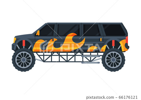 Black Limousine Car Painted with Flame, Elegant Premium Luxurious Vehicle, Side View Flat Vector Illustration Black Limousine Car Painted with Flame, Elegant Premium Luxurious Vehicle, Side View Flat Vector Illustration 66176121