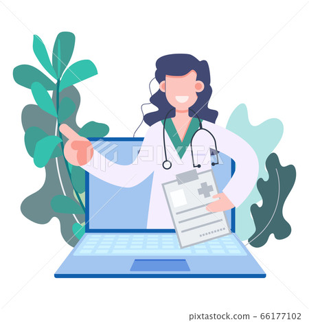 Woman doctor making telemedicine online consulting at home over laptop, notebook during covid-19 coronavirus outbreak. Woman doctor making telemedicine online consulting at home over laptop, notebook during covid-19 coronavirus outbreak. 66177102