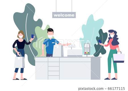 People use contactless payment for buying at store. Reopening protection prevention strategy. People use contactless payment for buying at store. Reopening protection prevention strategy. 66177115