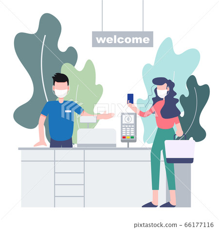 People use contactless payment for buying at store. Reopening protection prevention strategy. People use contactless payment for buying at store. Reopening protection prevention strategy. 66177116
