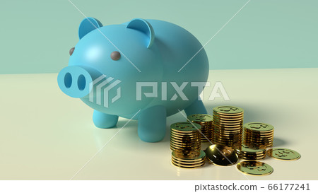 The blue Piggy bank and gold coins 3d rendering... - Stock Illustration ...