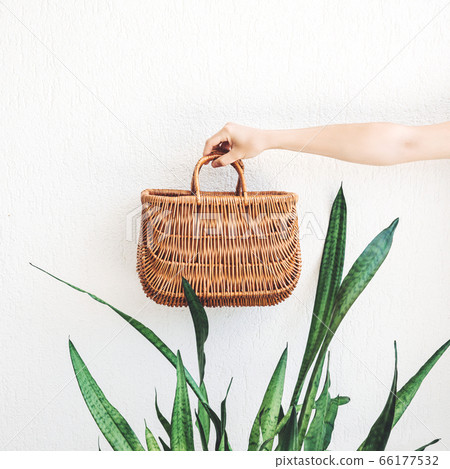 Hand holding basket on wall background . 66177532